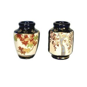 Antique Japanese Miniature Hand Painted Cobalt 24kt Gold Floral Porcelain Vases